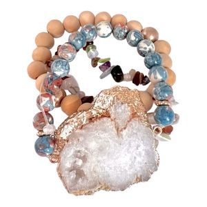 Natural Multi-Stone Beads with Natural Stone 3-Strand Stretchy Bracelet Set